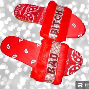 Size 7.5 Furry Slippers Red White & Black For Teens/Women Rhinestones Bling